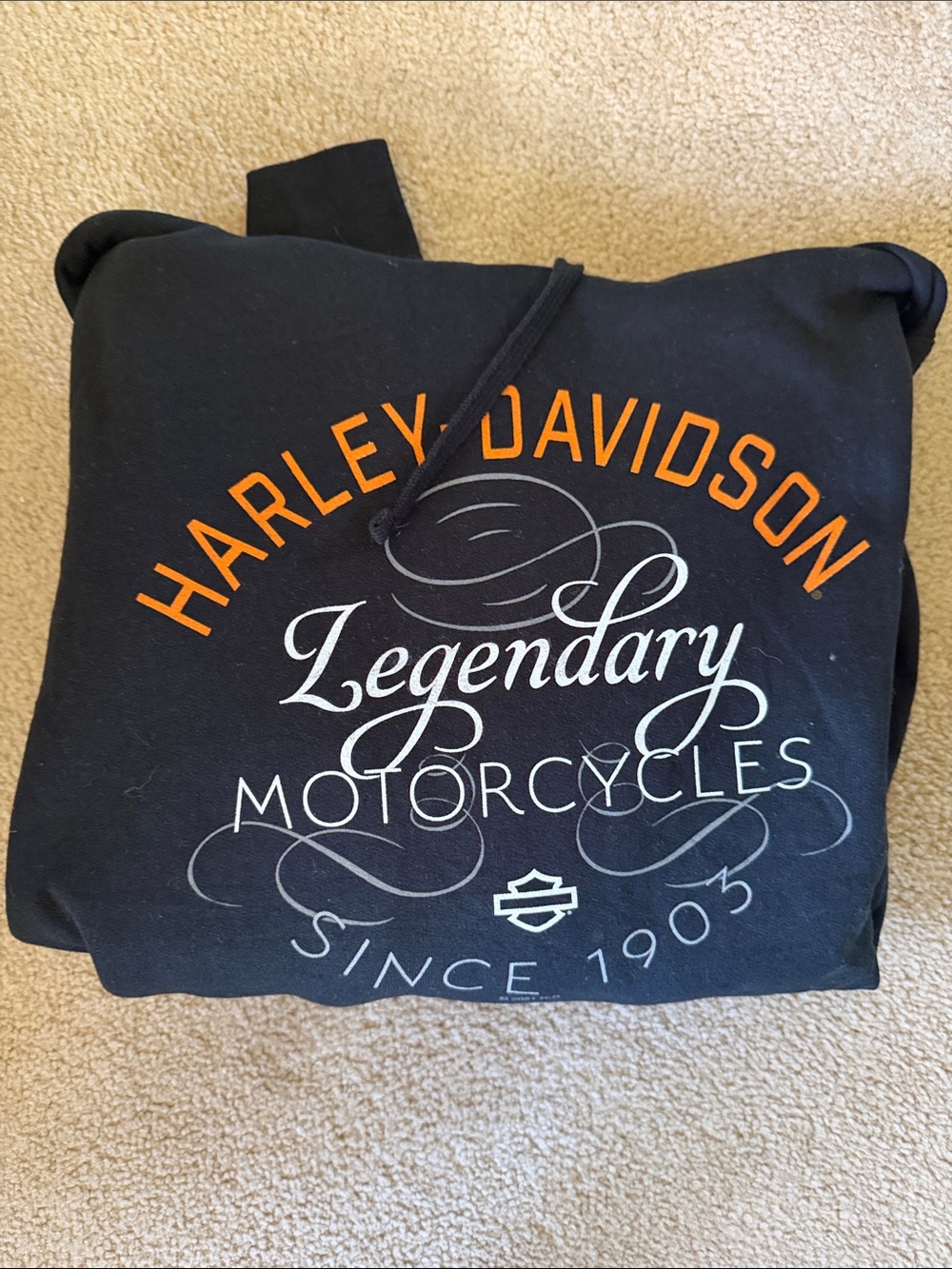Harley-Davidson Black Hoodie with Orange Logo and White Script